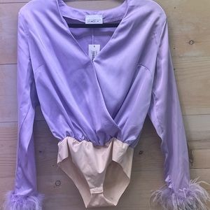 Size Small lilac bodysuit with faux feathers